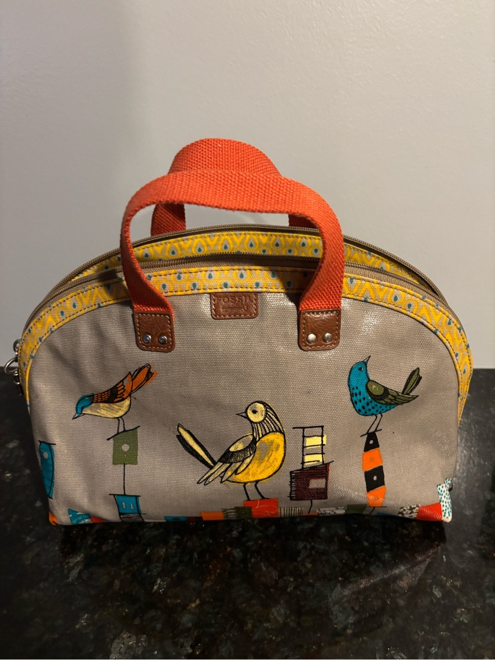Fossil Beige Canvas Bird Print Cosmetic Bag with Orange Handles